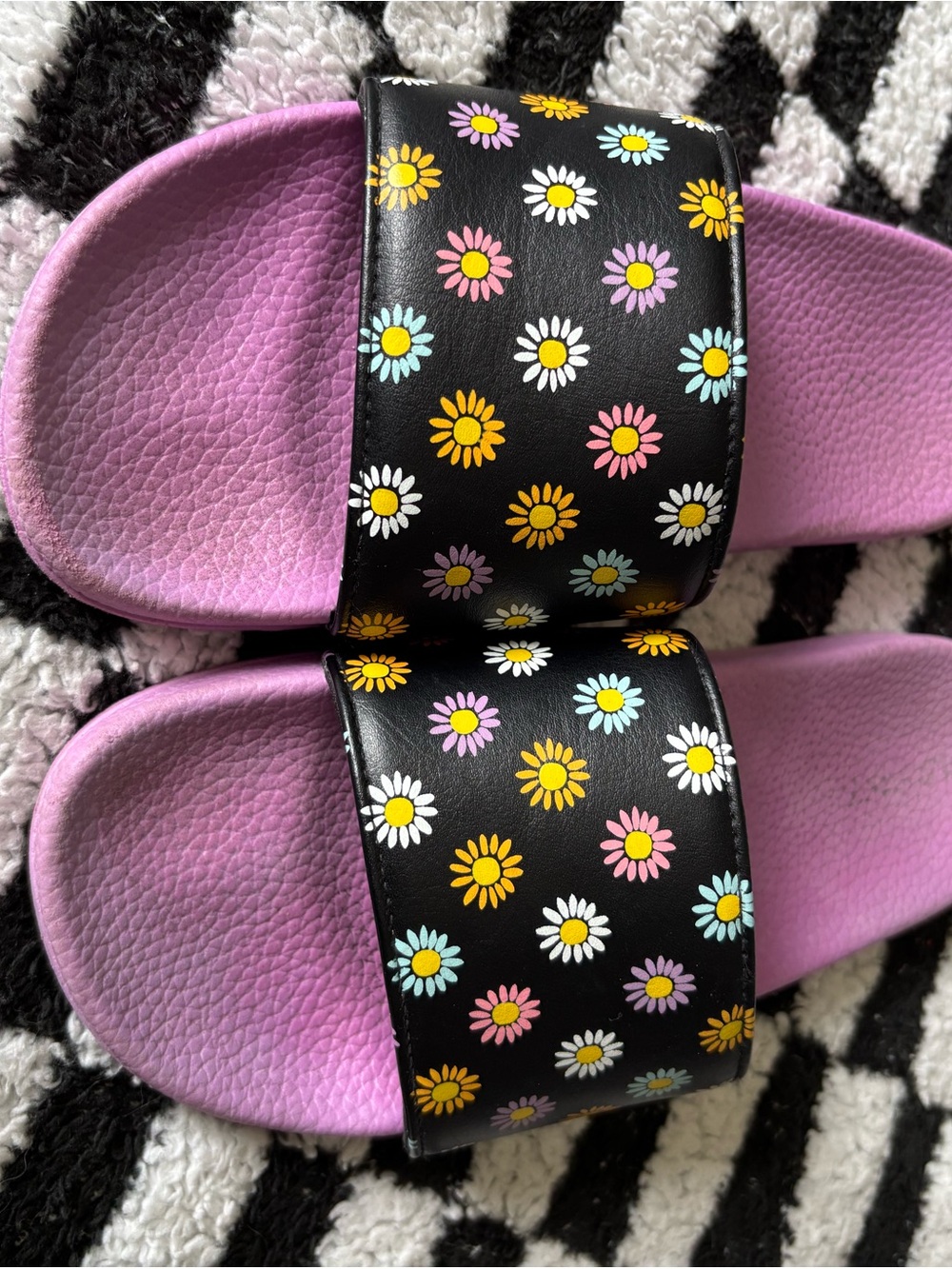 Cat & Jack Black Slide Sandals with Pink Footbed and Colorful Daisy Print